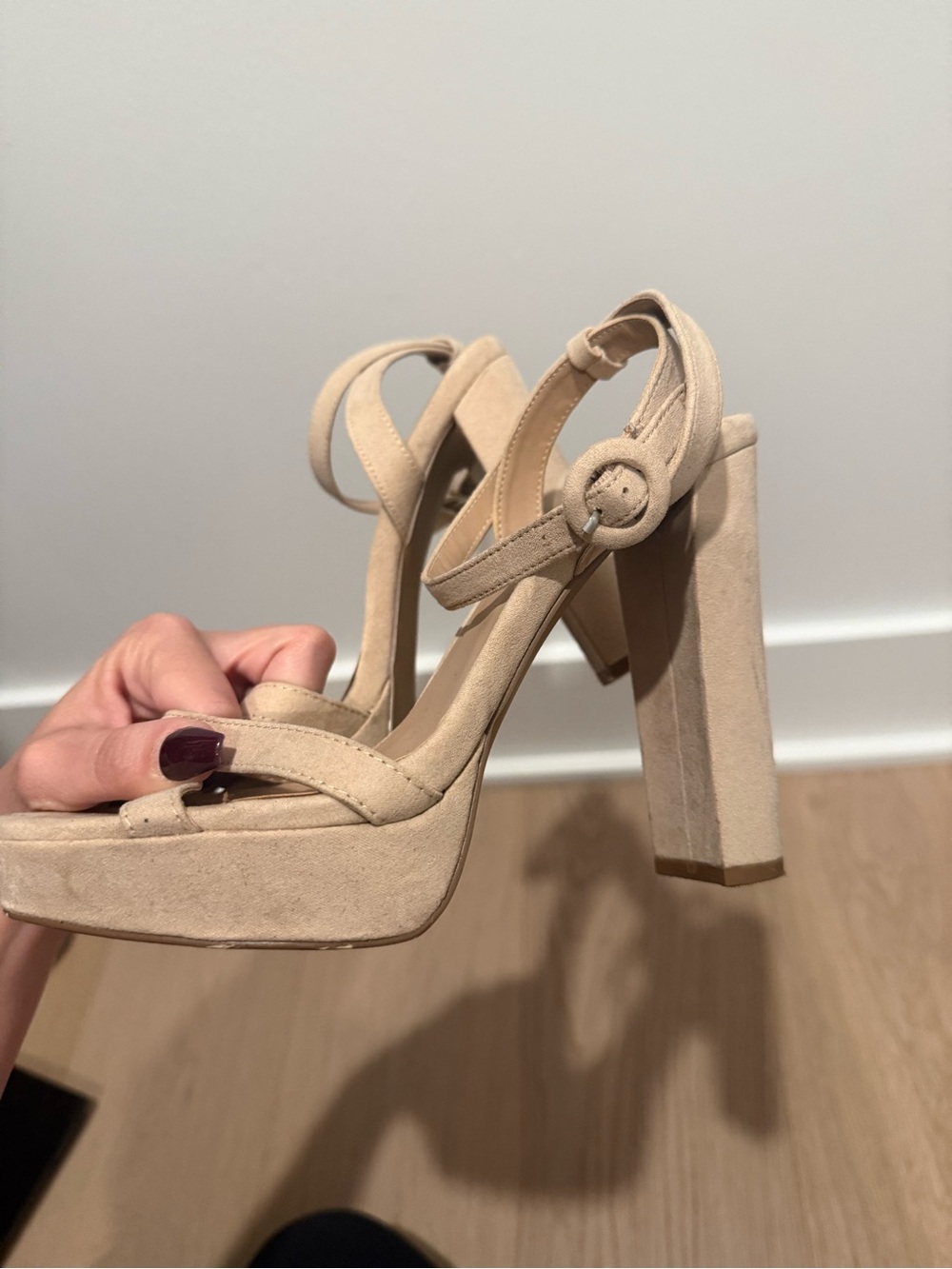 Lulu's Beige Suede Platform Block Heel Sandals